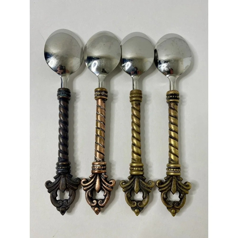 4 Gracious Goods Collection Acanthus Fleur de lis Stainless Soup Spoons 8
